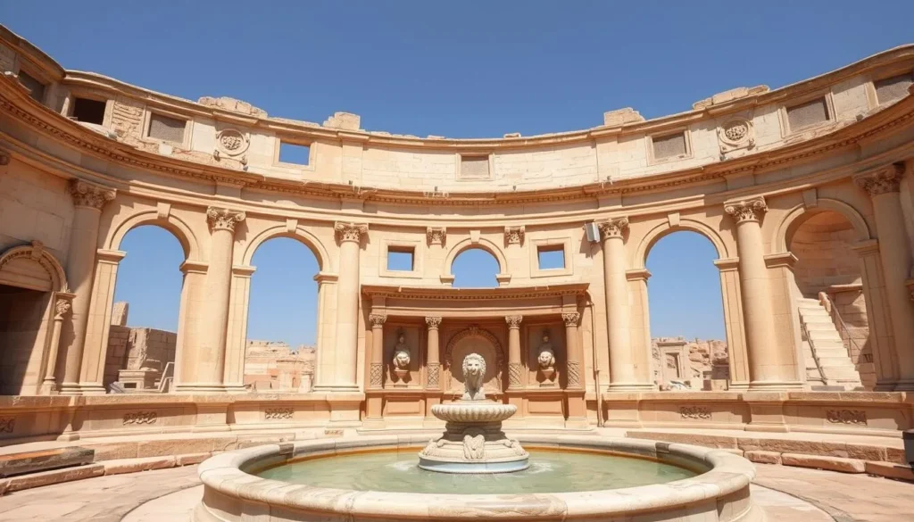 Nymphaeum in Jerash showing the ornate public fountain with carved lion heads and water features