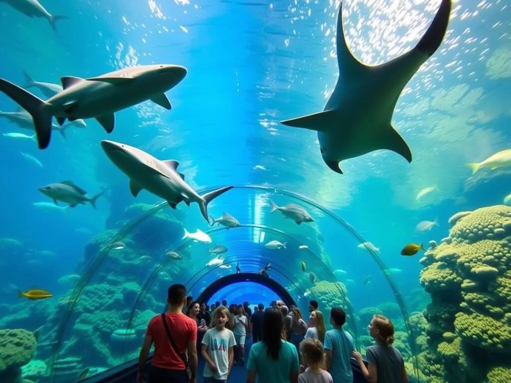 Ocean tunnel at SEA LIFE Sunshine Coast with sharks and rays swimming overhead