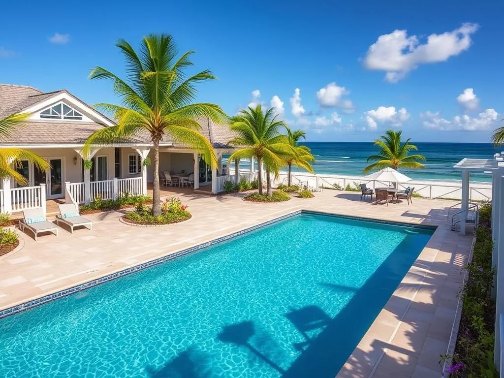 Oceanfront view of a boutique resort on Elbow Cay with swimming pool and beach access