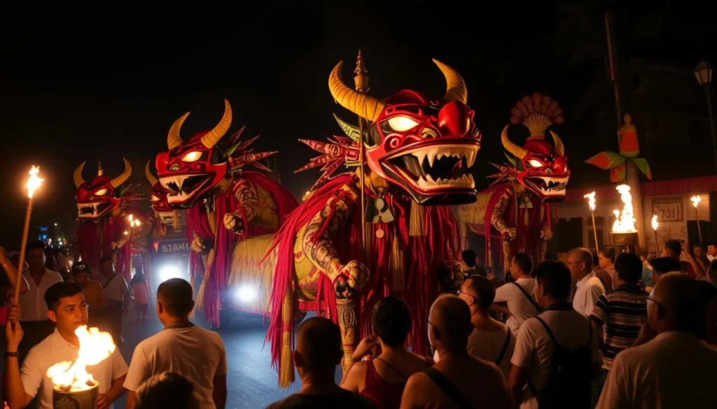 Ogoh-Ogoh parade before Nyepi Day in Bali with large demon effigies