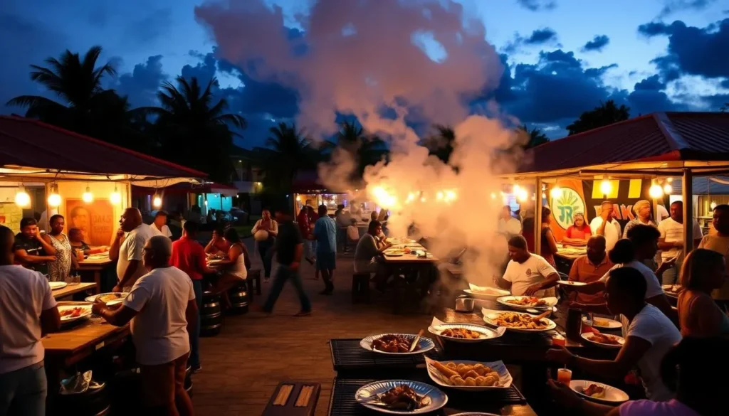 Oistins Fish Fry in Barbados with vendors grilling fresh seafood