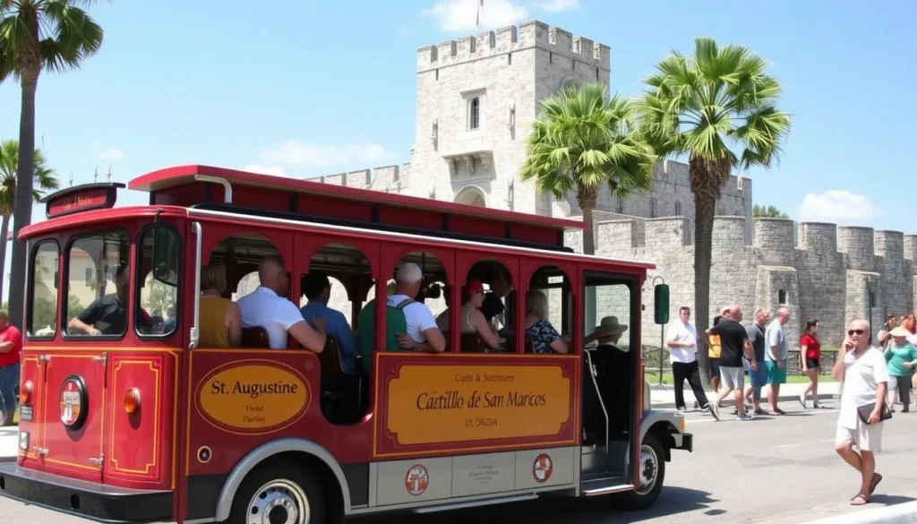 Old Town Trolley passing by Castillo de San Marcos with tourists Old Town Trolley passing by Castillo de San Marcos with tourists