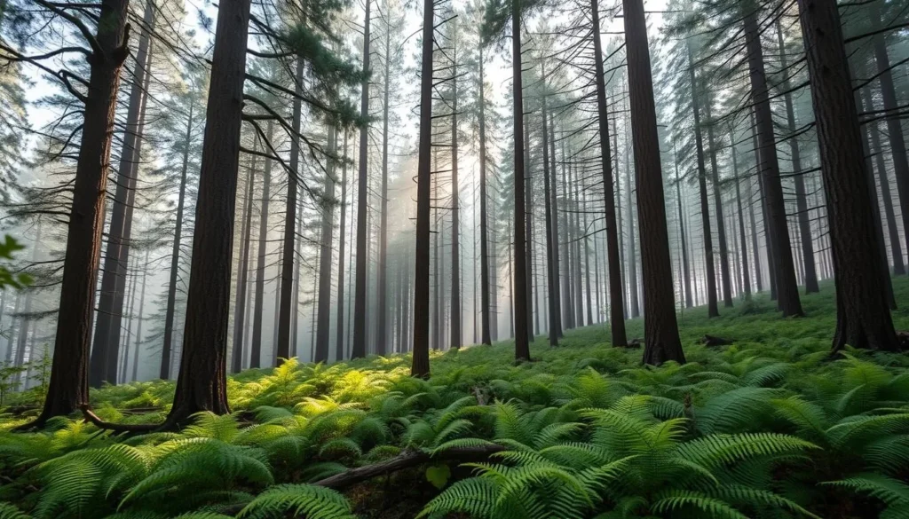 Old-growth spruce forest with ferns in Koygorodsky National Park