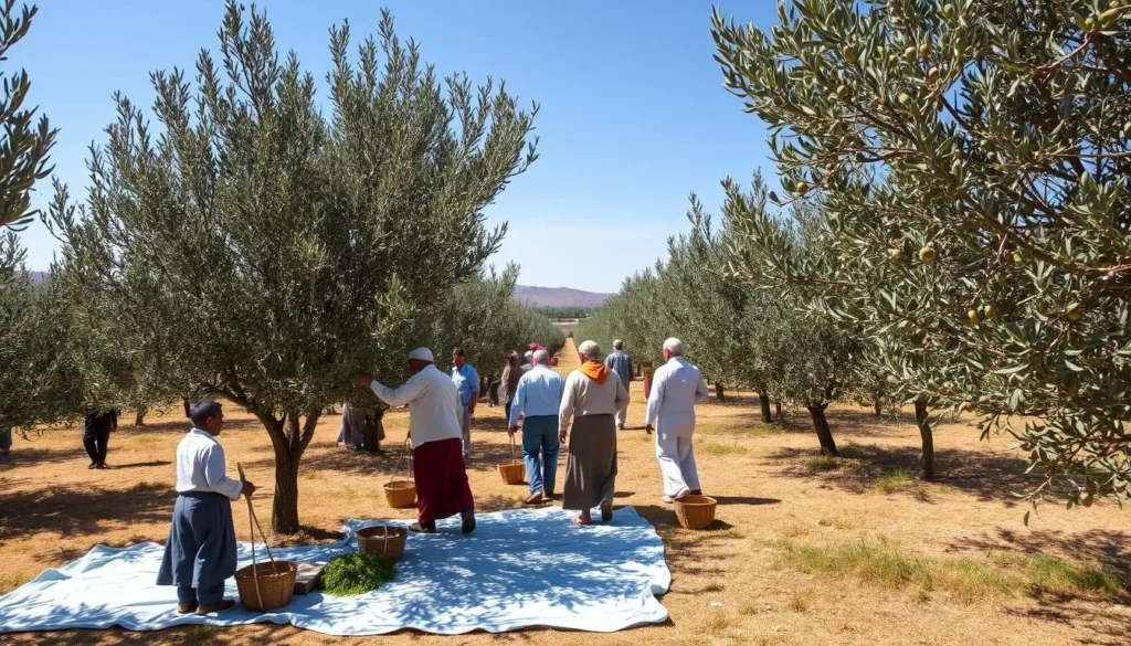 Olive harvest season activities in El Kelaa des Sraghna with locals picking olives, Morocco