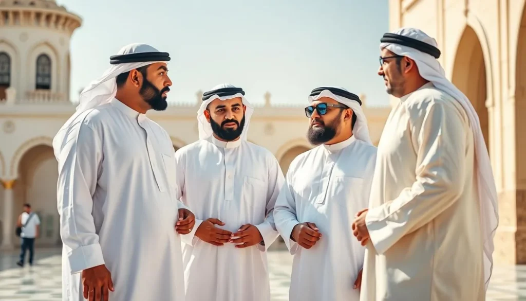 Omani men in traditional dishdasha and kumma headwear Omani men in traditional dishdasha and kumma headwear
