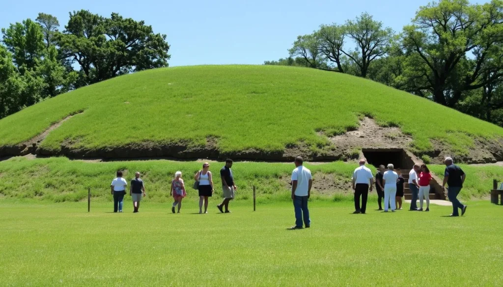 One of the temple mounds at Lake Jackson Mounds Archaeological State Park with visitors exploring