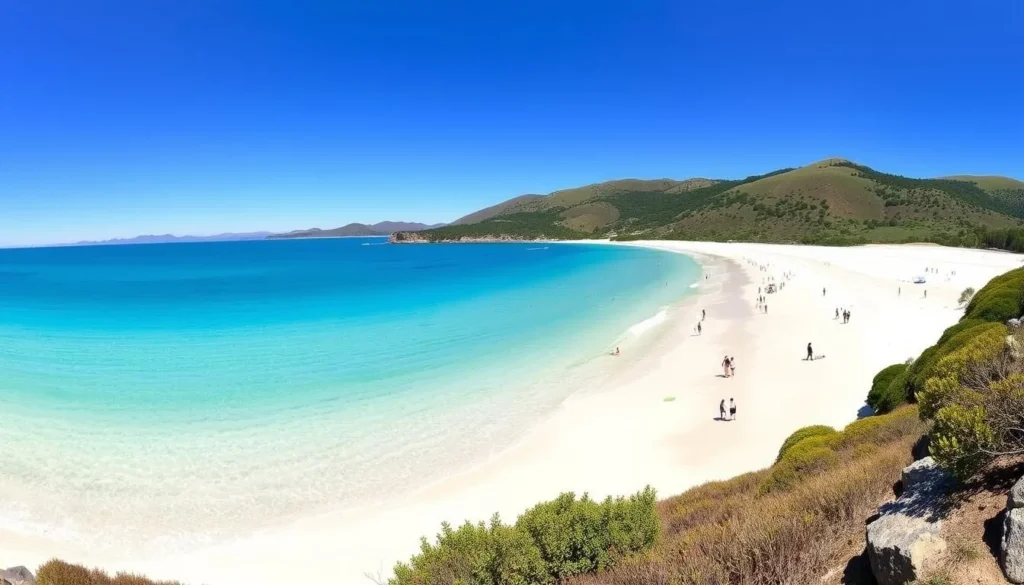 Onetangi Beach on Waiheke Island with white sand and clear blue water