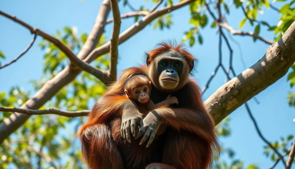 Orangutan mother and baby in Kutai National Park during dry season with good visibility