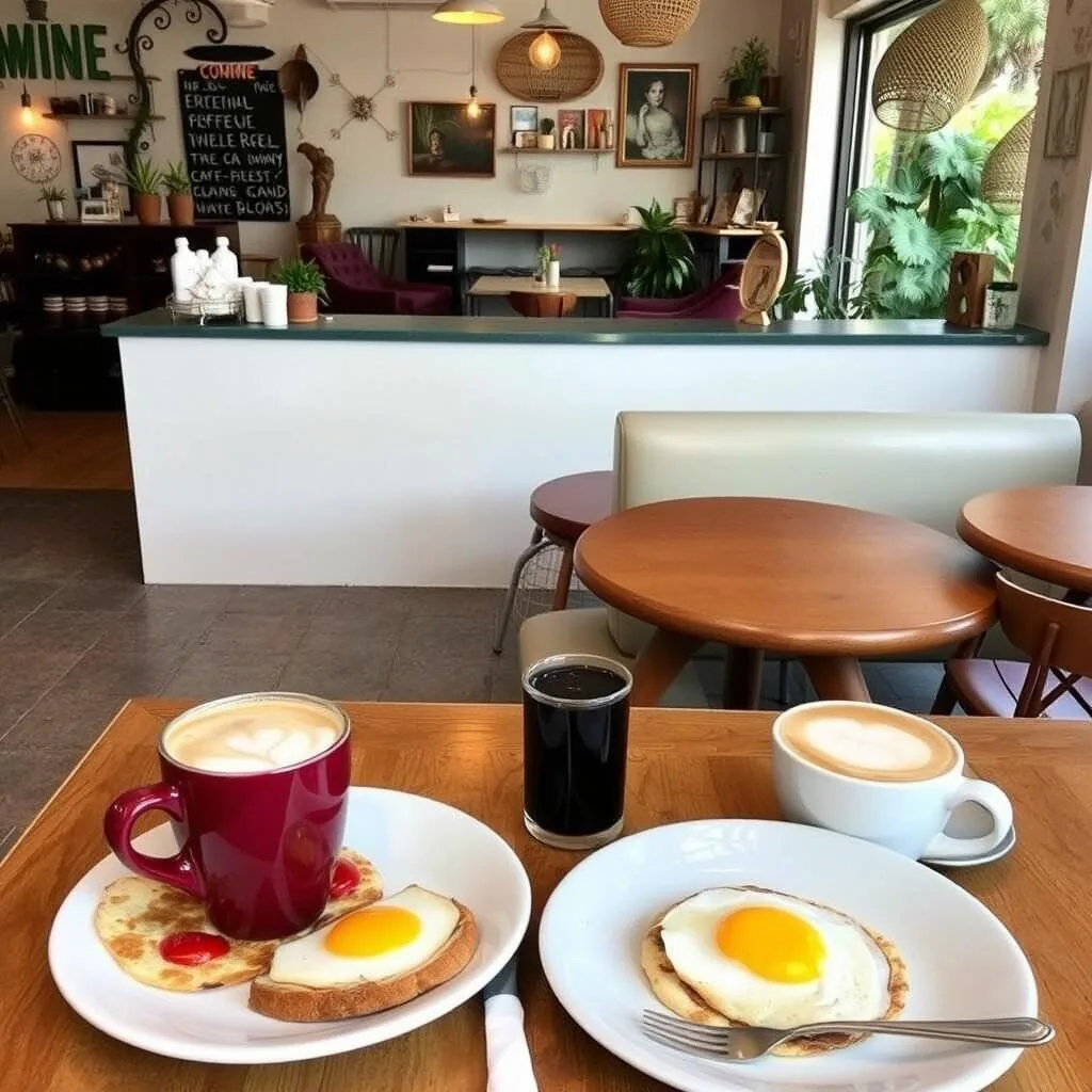 Organic breakfast and coffee at Commune Cafe with vintage decor