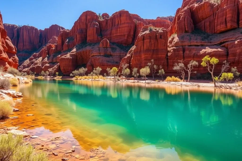 Ormiston Gorge waterhole in the West Macdonnell Ranges with red cliffs reflecting in clear water
