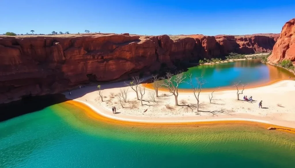 Ormiston Gorge waterhole with its sandy beach area and towering red cliffs, one of the most popular West MacDonnell National Park things to do