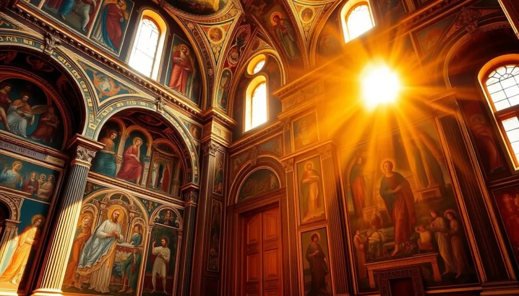 Ornate frescoes adorning the walls of an ancient Romanian monastery, bathed in warm, golden sunlight streaming through tall, arched windows. Intricate religious murals depict Biblical scenes and holy figures, their vibrant colors and intricate details capturing the reverence and majesty of the sacred space. The composition features a balance of foreground, middle-ground, and distant elements, showcasing the architectural grandeur and artistic splendor of this historic landmark. Convey a sense of timeless serenity and spiritual contemplation, as if the viewer is transported to a tranquil, otherworldly realm.