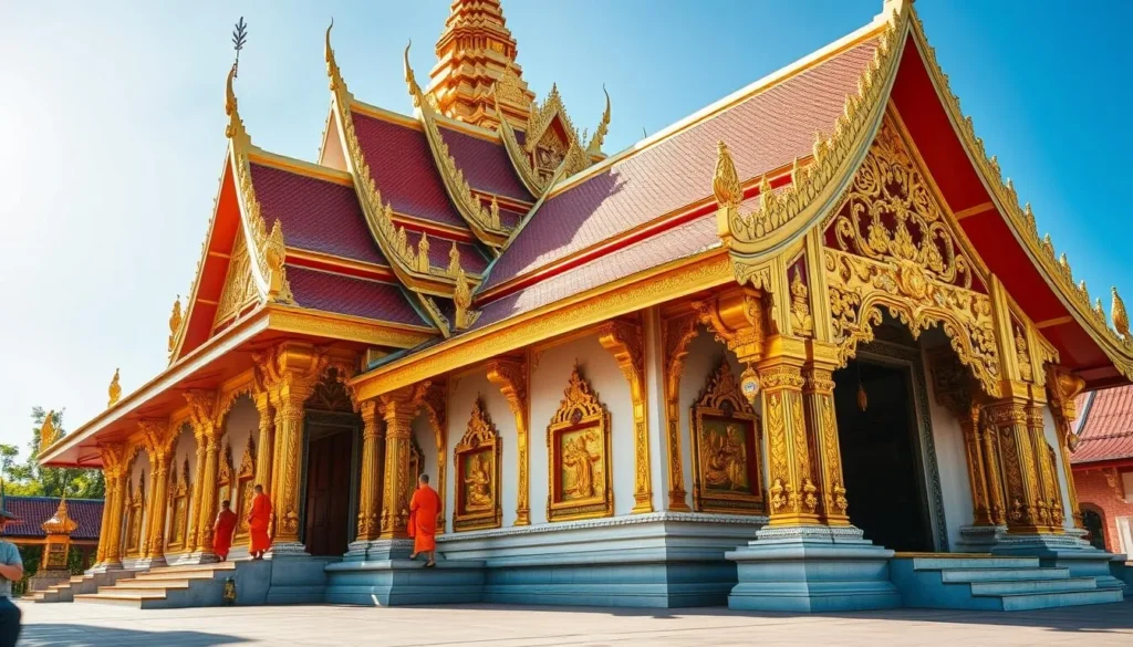 Ornate golden facade of Wat Xieng Thong temple in Luang Prabang with traditional Lao architecture