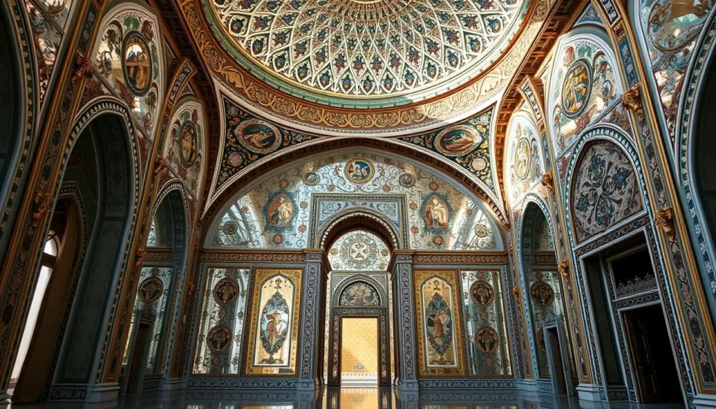 Ornate interior of Golestan Palace with mirrors and tilework - Iran best things to do Ornate interior of Golestan Palace with mirrors and tilework - Iran best things to do