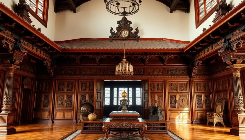 Ornate interior of Pura Mangkunegaran palace showing traditional Javanese architecture and artifacts