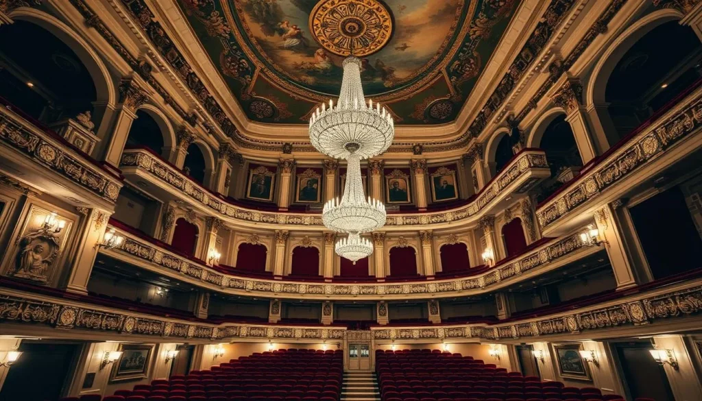 Ornate interior of Theatro da Paz showing the grand hall with chandeliers and decorated ceiling