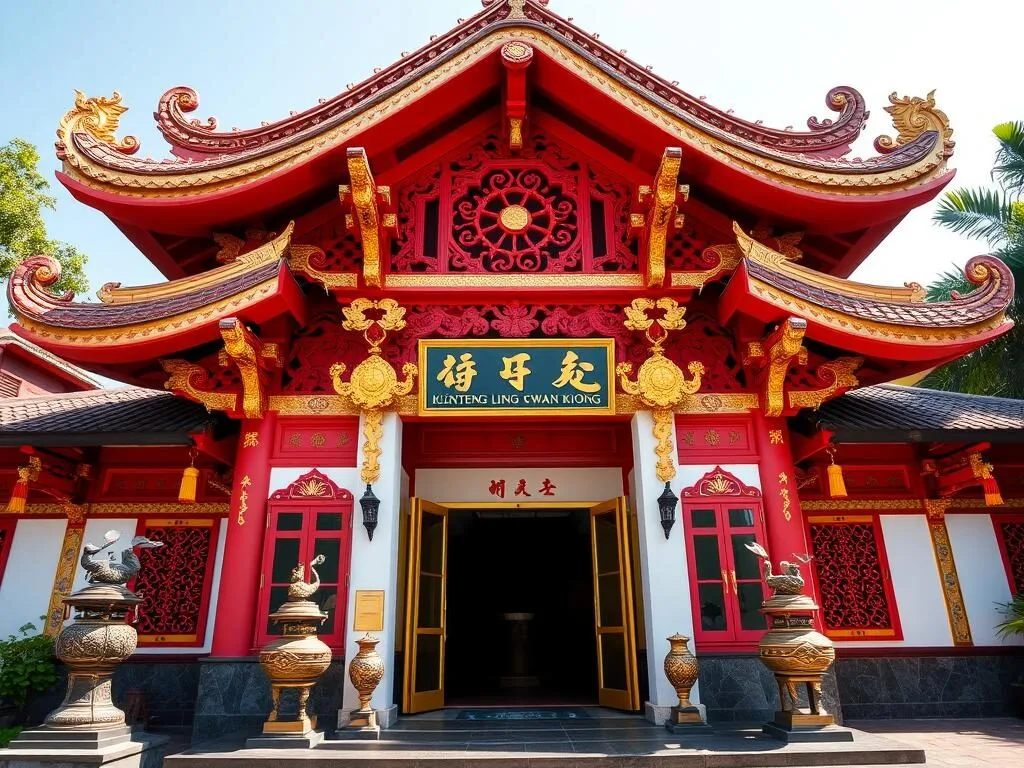 Ornate red and gold decorations of Klenteng Ling Gwan Kiong Chinese temple