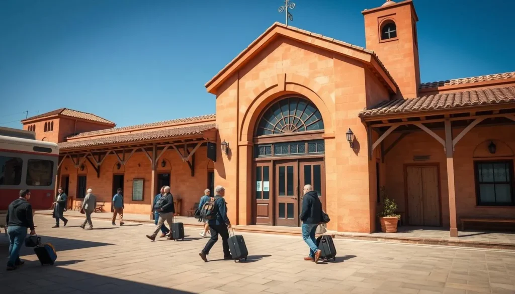 Oujda train station with traditional Moroccan architectural elements and travelers with luggage