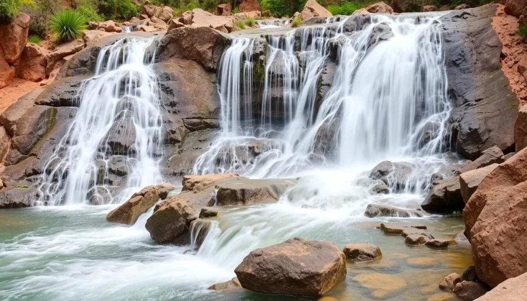 Oum Rbii springs waterfall with crystal clear water flowing through rocks