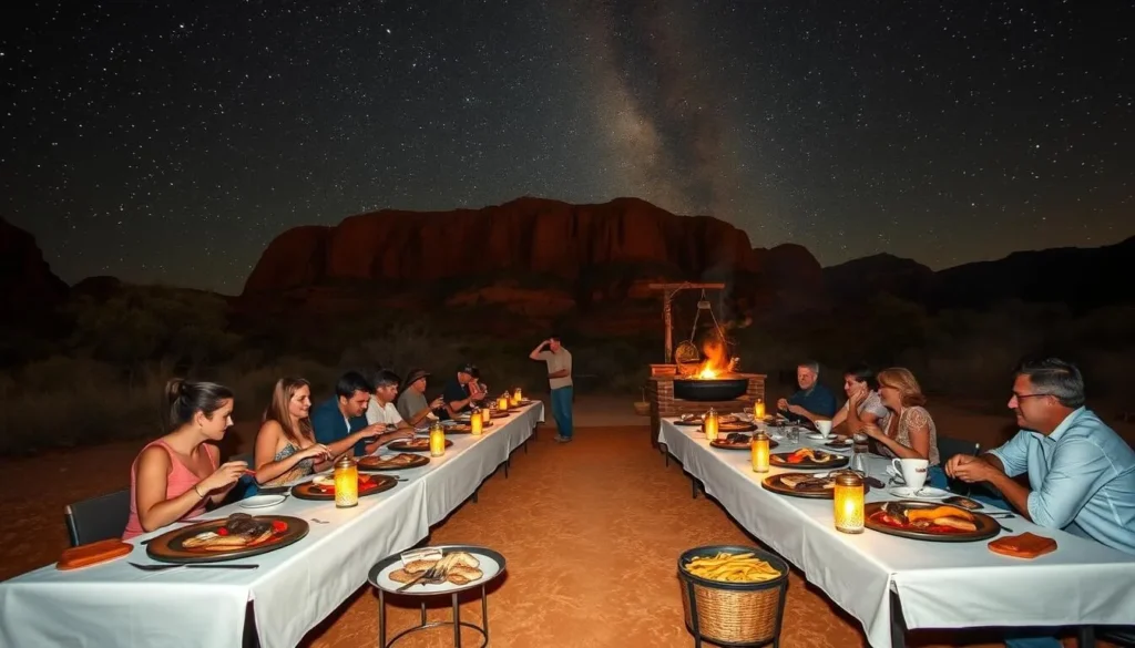 Outback BBQ dinner under the stars at Kings Canyon Resort with red desert backdrop