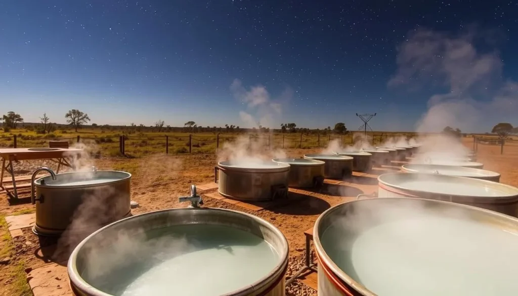 Outdoor artesian baths at Charlotte Plains Station under starry outback sky Outdoor artesian baths at Charlotte Plains Station under starry outback sky