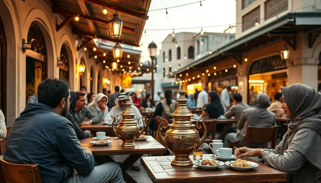 Outdoor cafe at Al Wakrah Souq with patrons enjoying Arabic coffee and traditional sweets