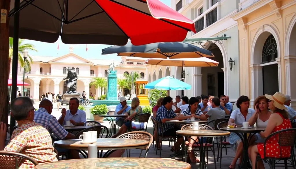 Outdoor cafe in Las Tunas with locals and tourists enjoying coffee and conversation