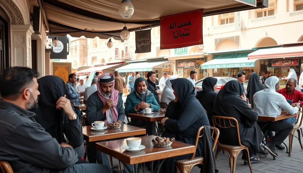 Outdoor café in Seeb Souq with people enjoying coffee and dates