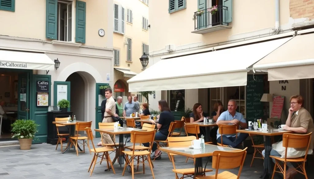 Outdoor café in Toulon with locals enjoying coffee