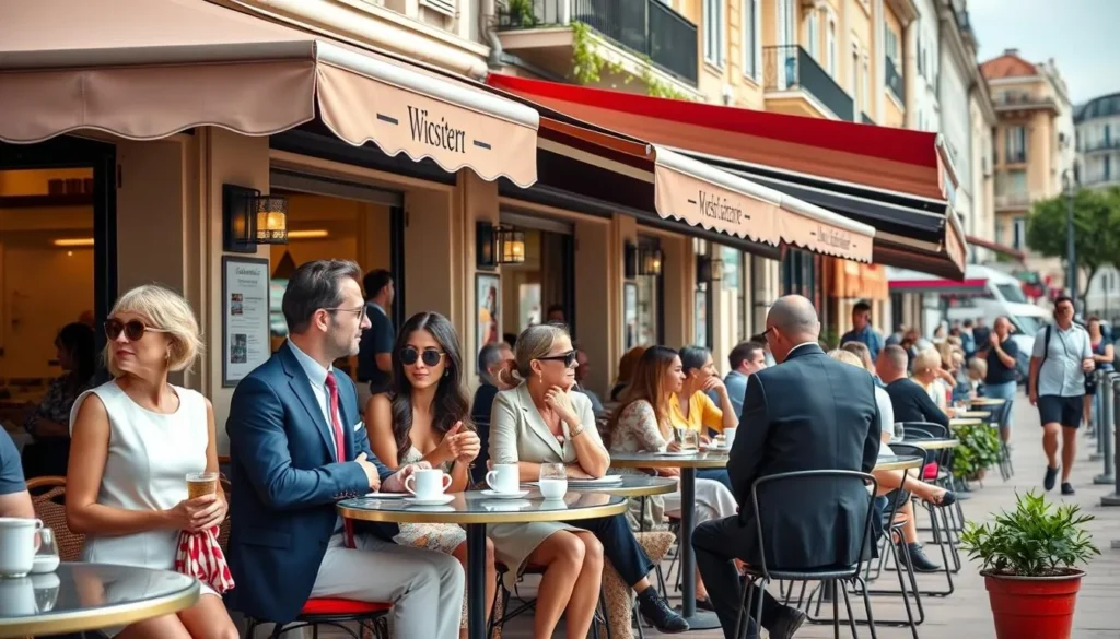 Outdoor café scene in Cannes with locals and tourists enjoying the Mediterranean lifestyle Outdoor café scene in Cannes with locals and tourists enjoying the Mediterranean lifestyle