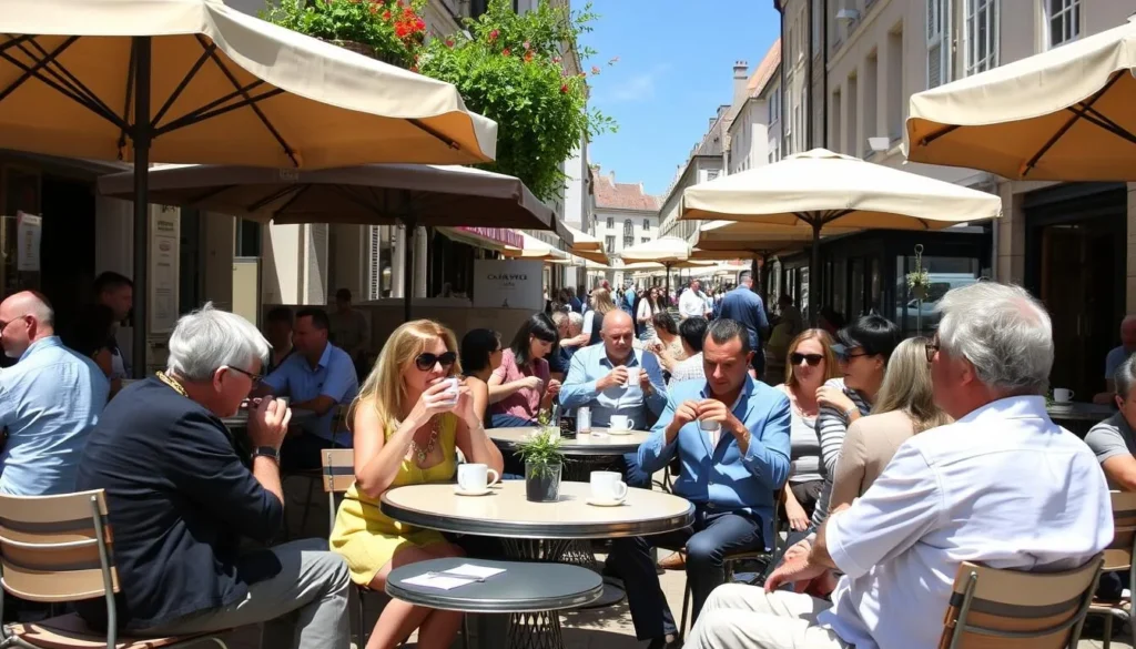 Outdoor café scene in La Rochelle with locals and tourists enjoying coffee, demonstrating local customs during the best time to visit