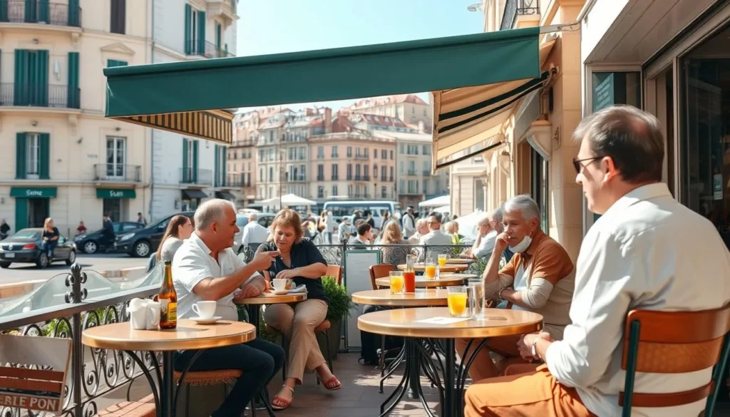 Outdoor café scene in Nice with locals enjoying coffee and conversation