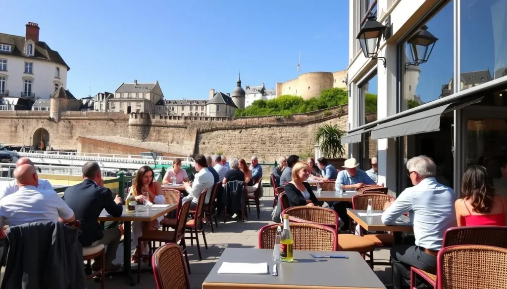 Outdoor café terrace in Saint-Malo with diners enjoying a meal with rampart views Outdoor café terrace in Saint-Malo with diners enjoying a meal with rampart views
