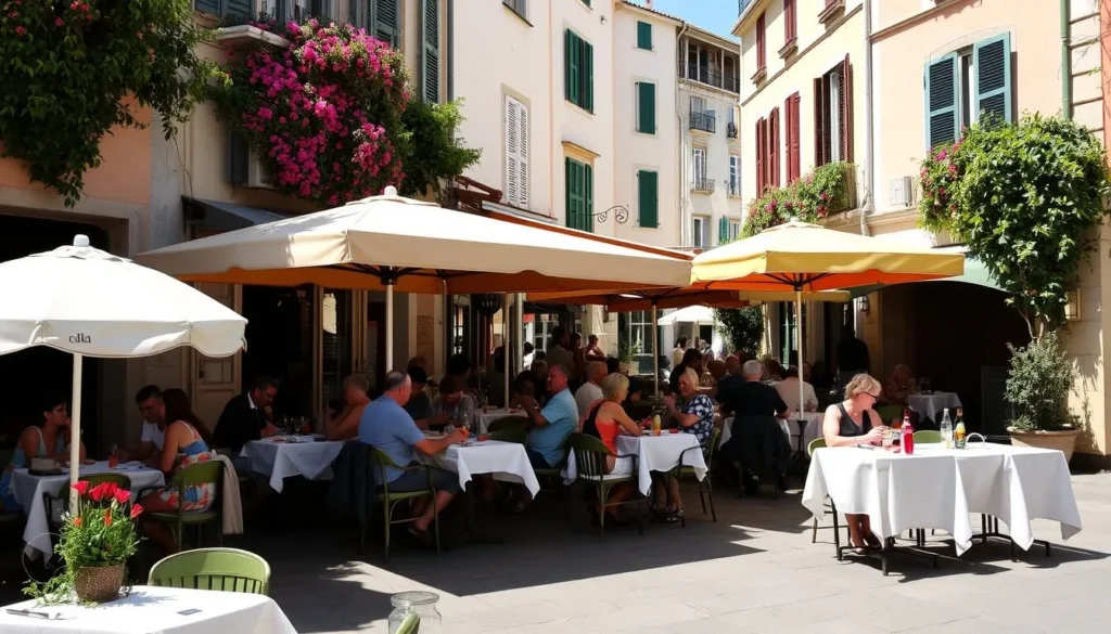 Outdoor café terrace in Saint-Tropez with people enjoying meals and drinks Outdoor café terrace in Saint-Tropez with people enjoying meals and drinks