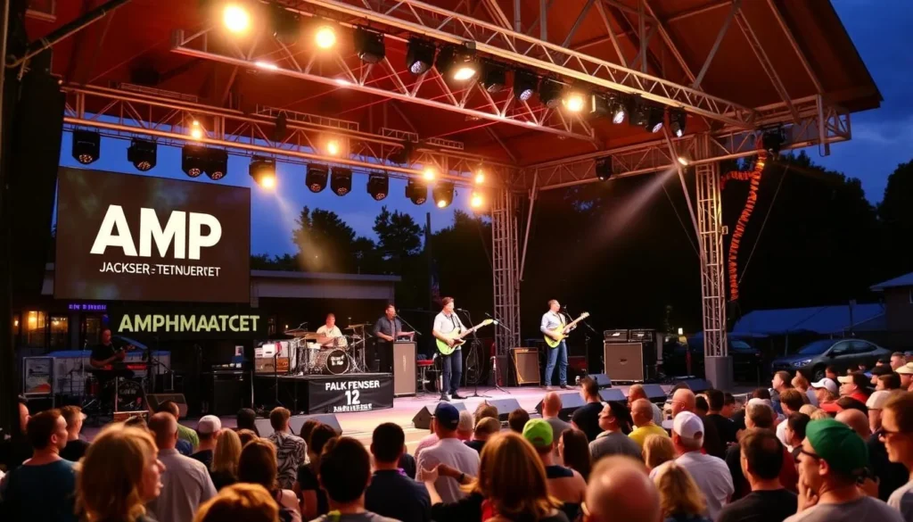Outdoor concert at the Amphitheater at the Market in Jackson Tennessee with crowd enjoying live music Outdoor concert at the Amphitheater at the Market in Jackson Tennessee with crowd enjoying live music