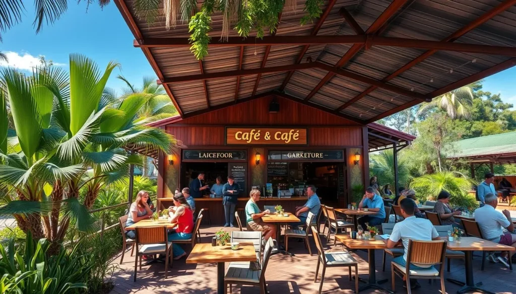 Outdoor dining area at a Batchelor café with tropical garden setting