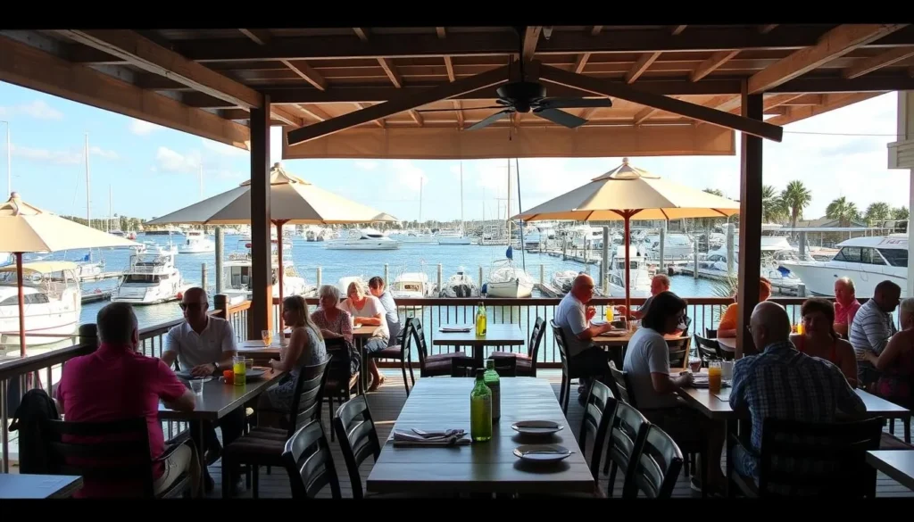 Outdoor dining at Boater's Grill restaurant overlooking No Name Harbor