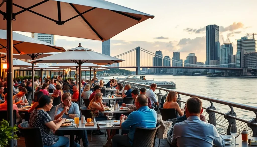 Outdoor dining at Brisbane's Howard Smith Wharves with river views during pleasant weather, highlighting Brisbane Queensland best months for a weather-savvy trip