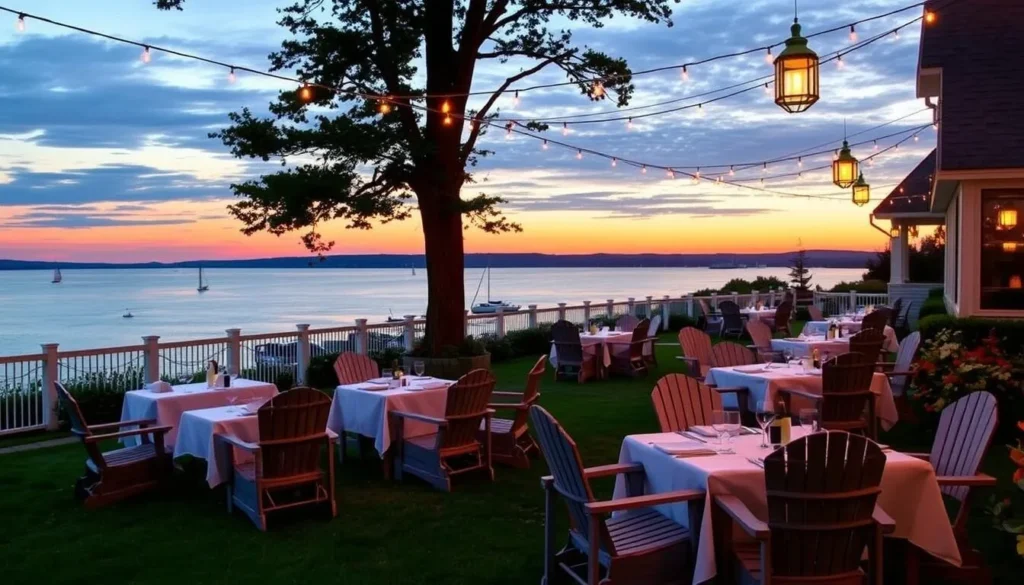 Outdoor dining at Chebeague Island Inn with ocean views in Casco Bay, Maine