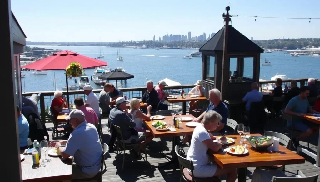 Outdoor dining at Cockeyed Gull restaurant with ocean views of Portland harbor Outdoor dining at Cockeyed Gull restaurant with ocean views of Portland harbor