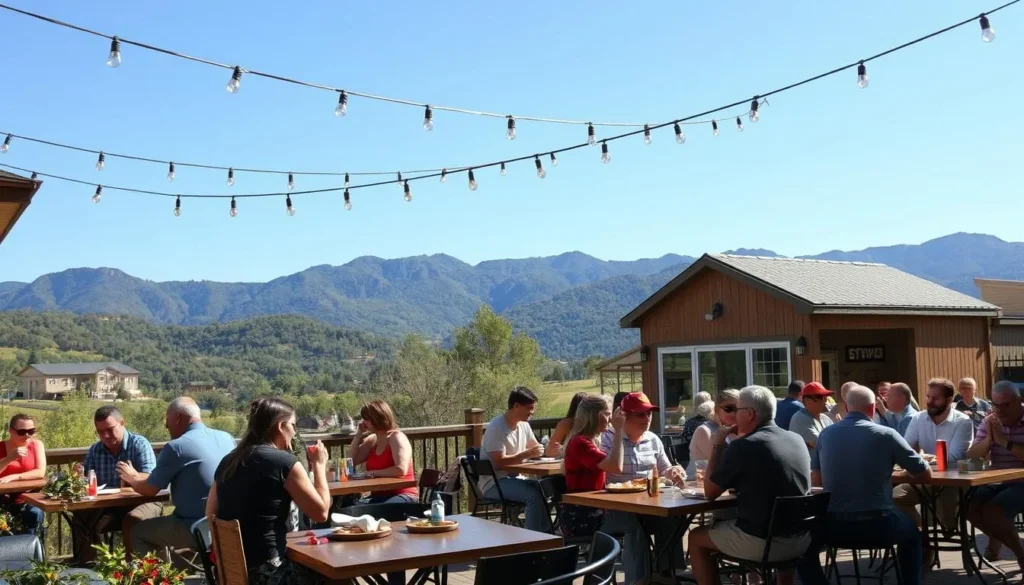 Outdoor dining at Peaceful Side Social in Townsend with mountain views