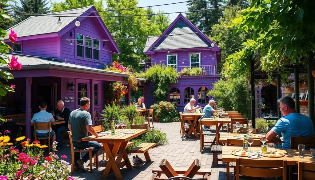 Outdoor dining at The Purple House Café in Gananoque with wood-fired pizza