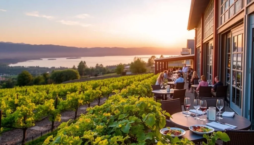 Outdoor dining at a Chelan winery with vineyard and lake views, featuring local cuisine and wine
