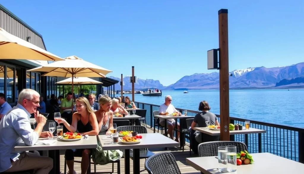 Outdoor dining at a lakefront restaurant in Wanaka with mountain views