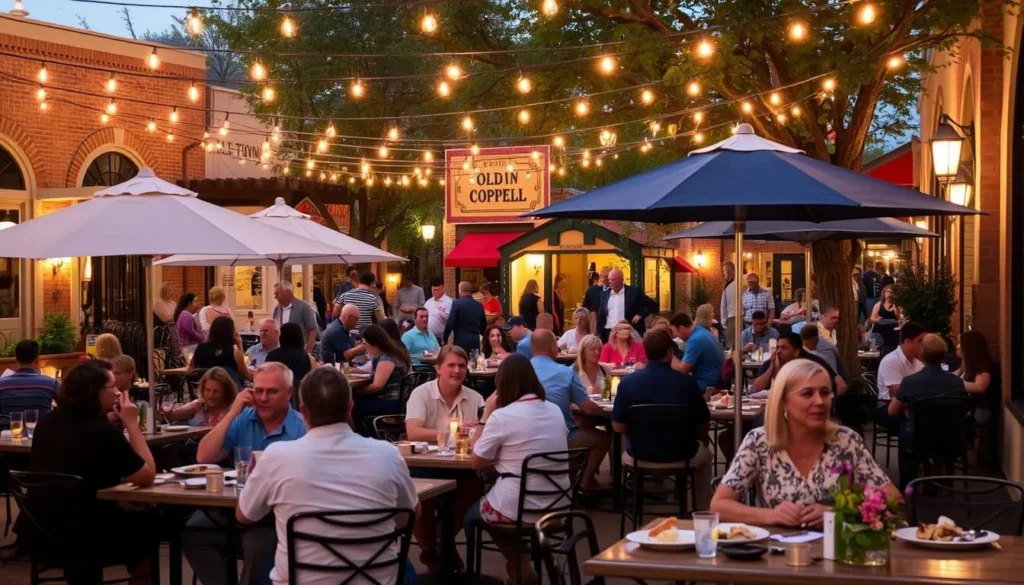Outdoor dining at a restaurant in Old Town Coppell with people enjoying meals