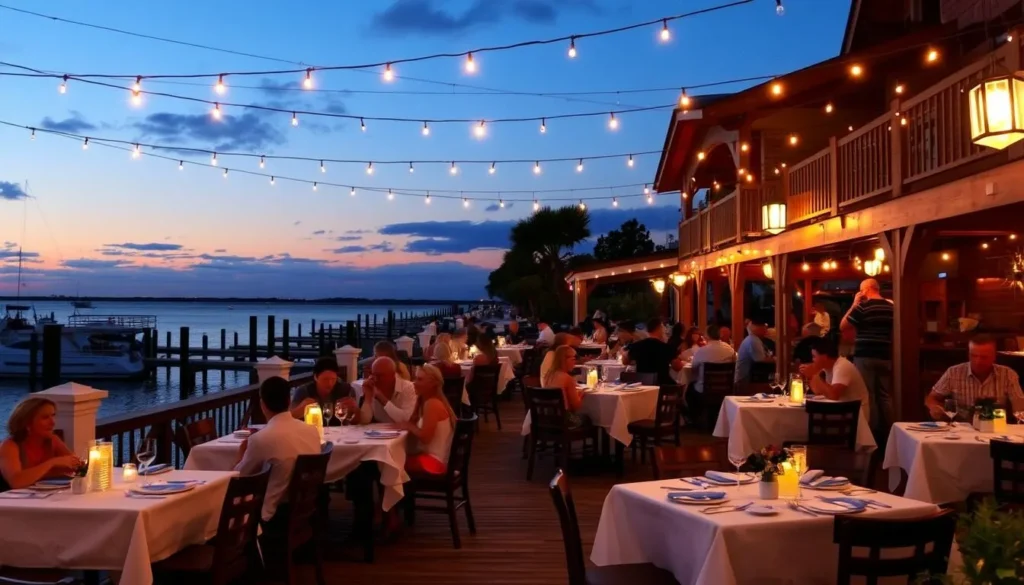 Outdoor dining at a waterfront restaurant in Hanahan