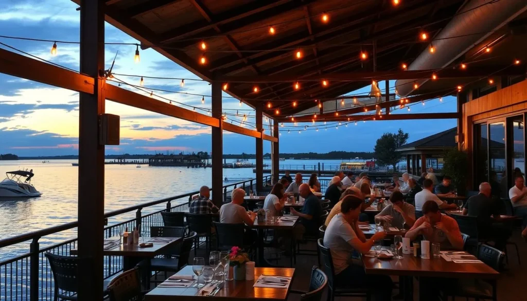 Outdoor dining at a waterfront restaurant in Rowlett with views of Lake Ray Hubbard