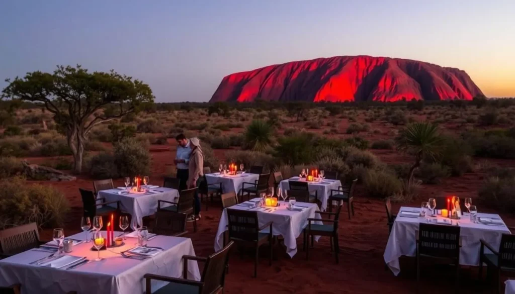 Outdoor dining experience at Uluru with the rock illuminated at sunset