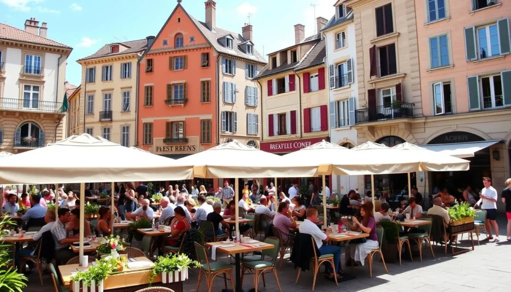 Outdoor dining in Grenoble's Place Grenette during summer months Outdoor dining in Grenoble's Place Grenette during summer months
