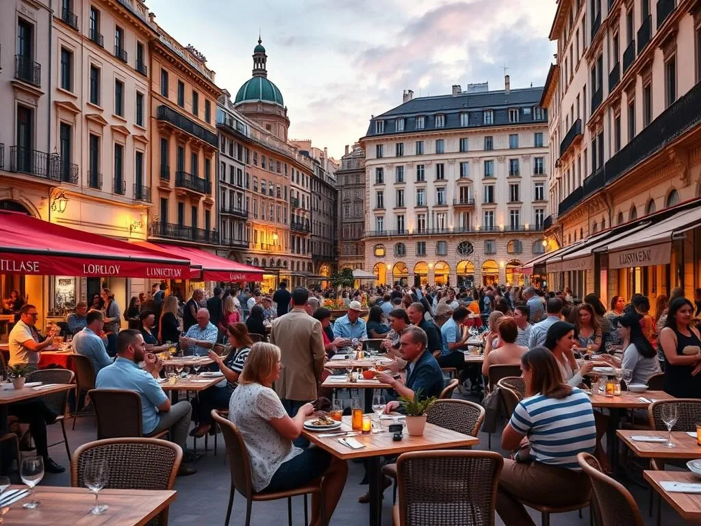 Outdoor dining in Lyon's Place Bellecour during summer evening